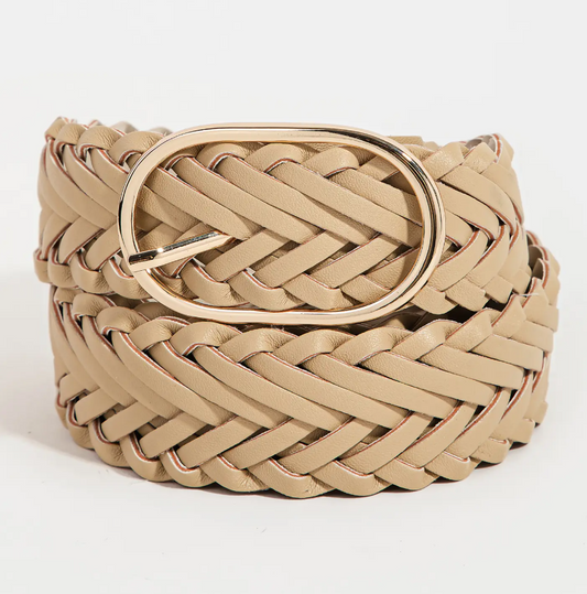 Braided Faux Leather Oval Buckle Belt -Khaki