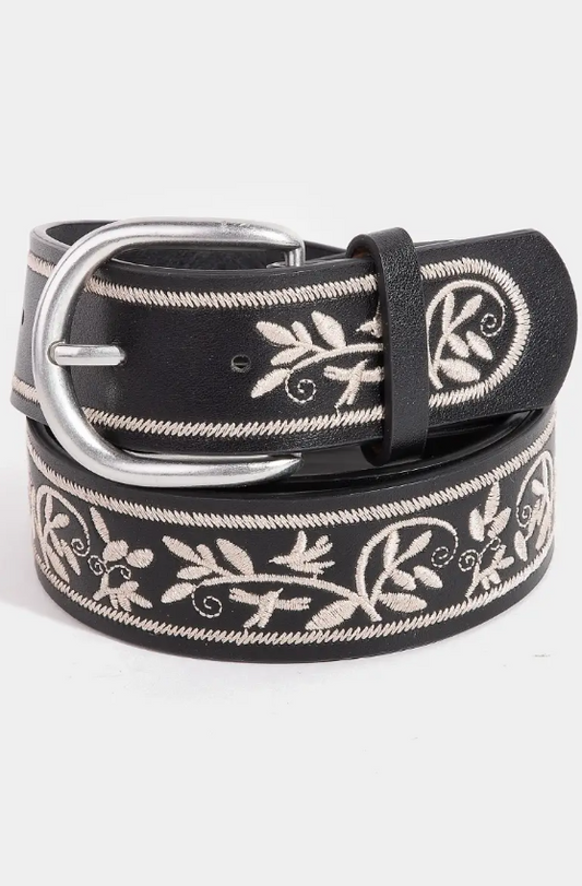 Floral Embroidered Pattern Faux Leather Belt