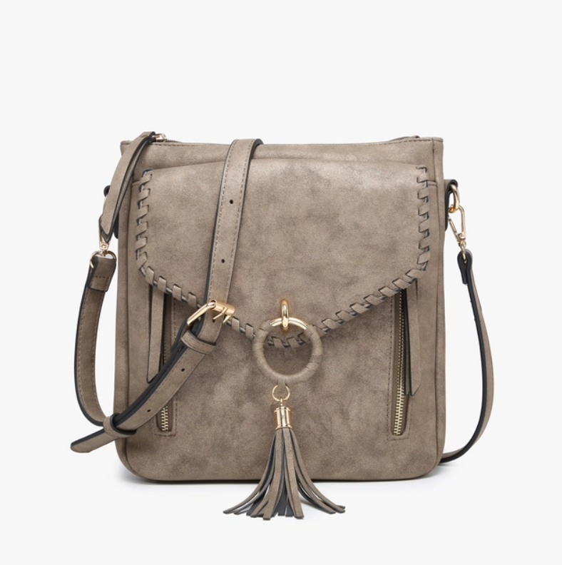 Layla Faux Suede Whipstitch Crossbody w/ Tassel