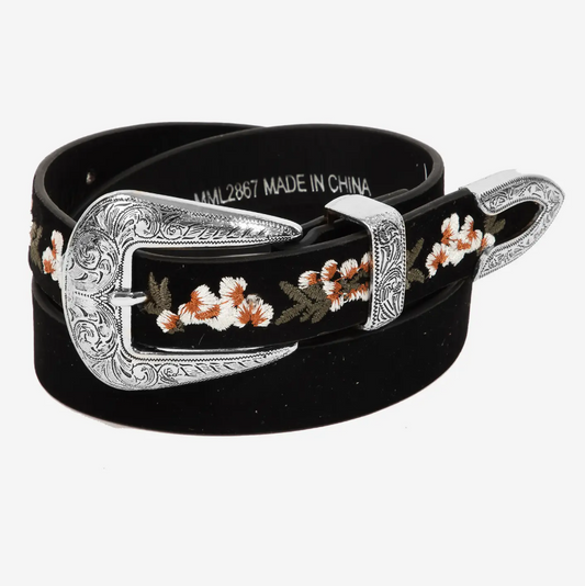 Flower Embroidered Etch Buckle Belt